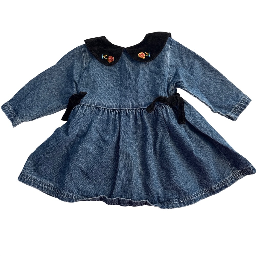 Vintage 90s Old Navy Velvet Floral Collar Bow Dark Denim Dress Girls 6-12 months